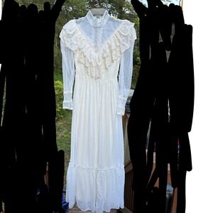 Vintage Candi Jones Prairie Maxi Dress Victorian High Neck Ruffle Wedding Gown